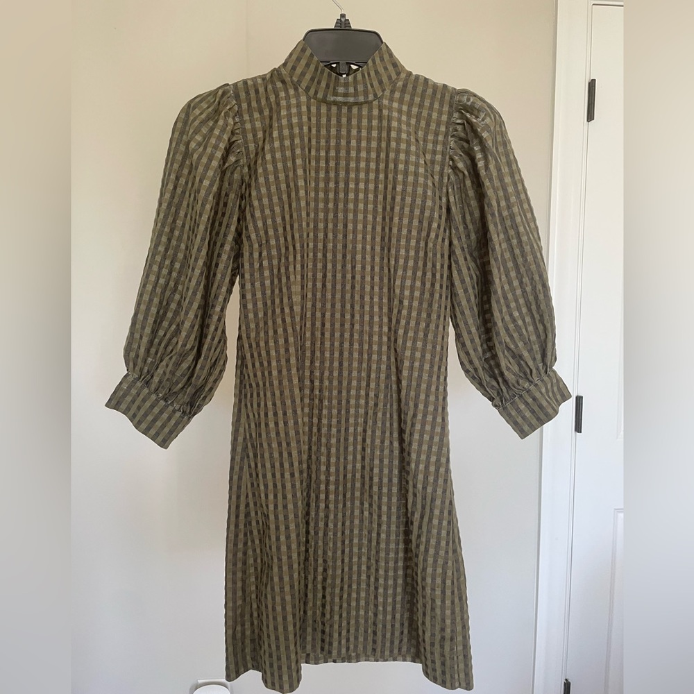 Ganni Green and Cream Sheath Dress with Bishop Sleeves